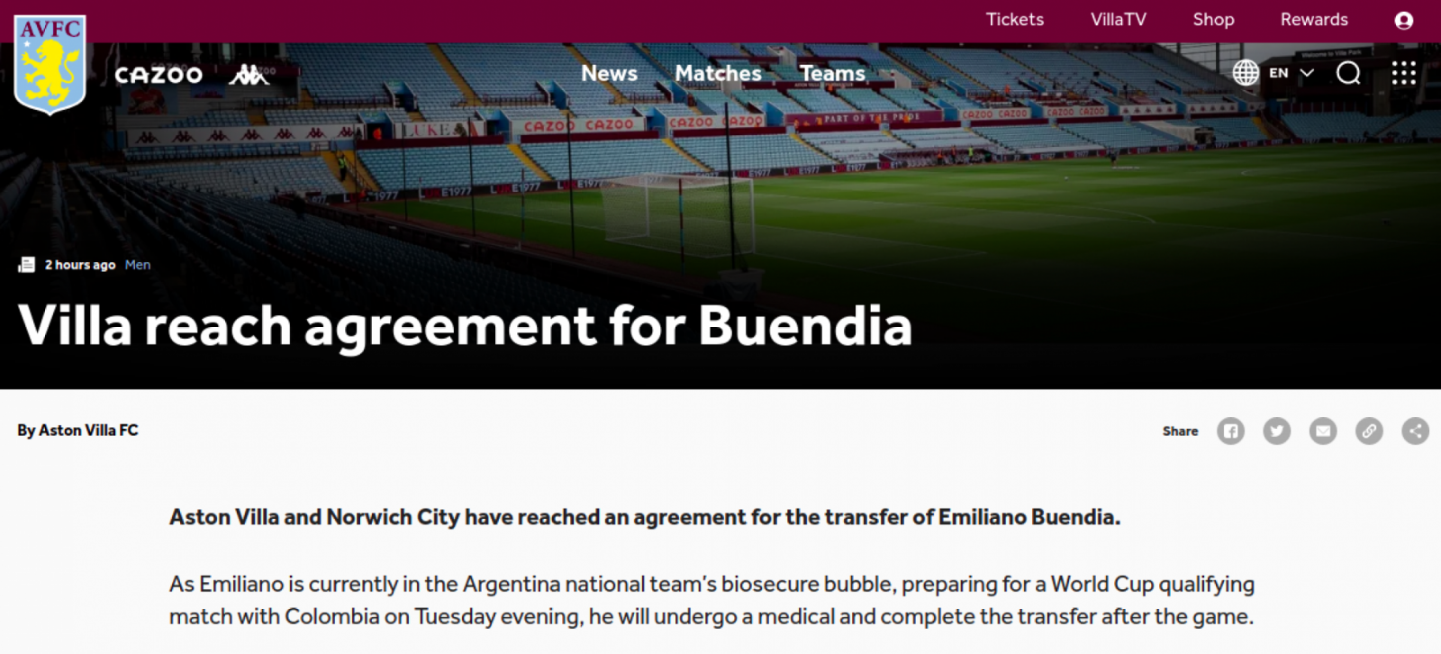 Imagen El comunicado del Aston VIlla confirmando la transferencia del delantero Argentino.