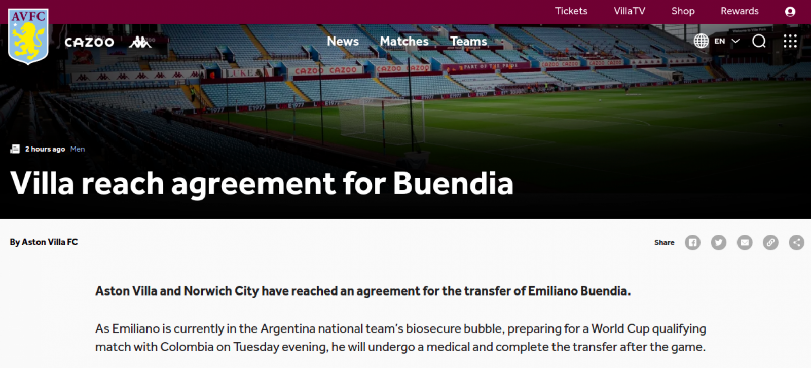 El comunicado del Aston VIlla confirmando la transferencia del delantero Argentino.
