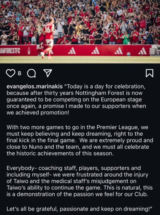 Imagen El mensaje del dueño de Nottingham Forest cuando bajó un poco la espuma.