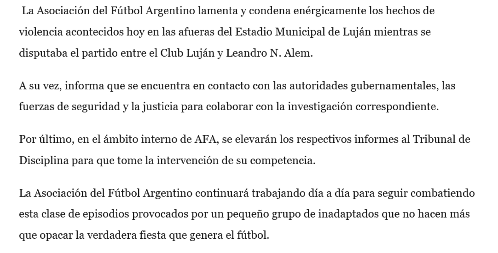 Imagen El comunicado de AFA.