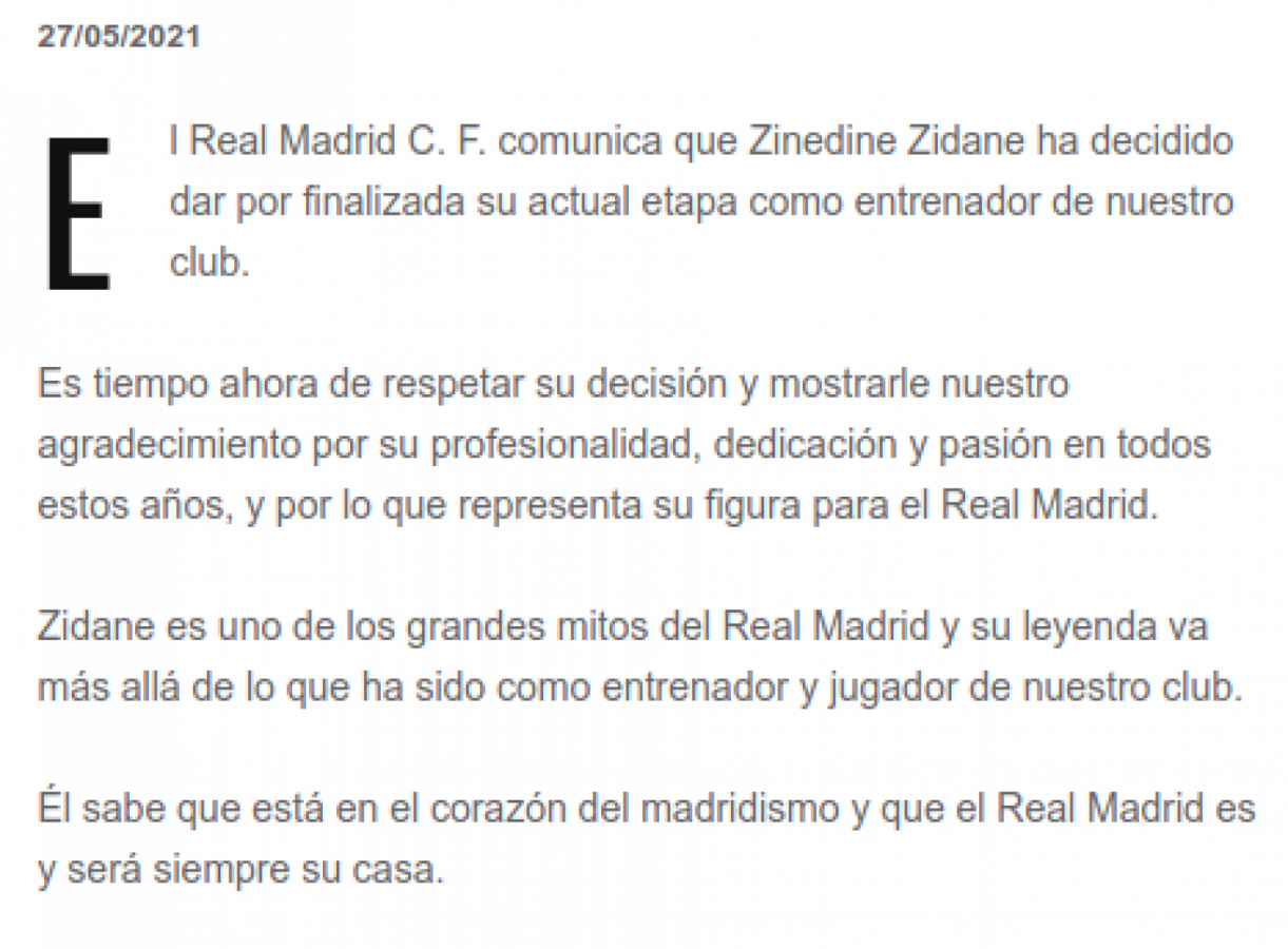 Imagen Zidane dejó de ser el entrenador del Real Madrid