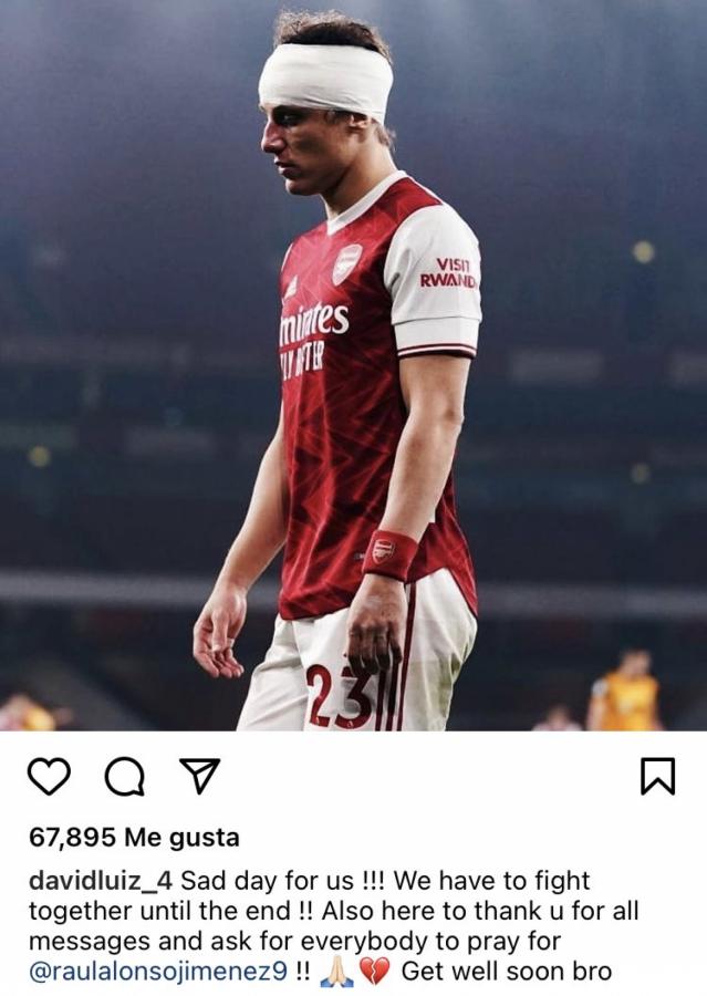 Imagen David Luiz y su posteo en Instagram, pidiendo por la salud de Raúl Jiménez.