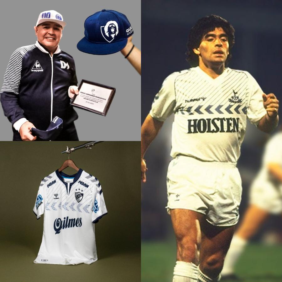 Imagen Los regalos a Maradona en la cancha de Quilmes, una camiseta inspirada en él, una placa y una gorra.