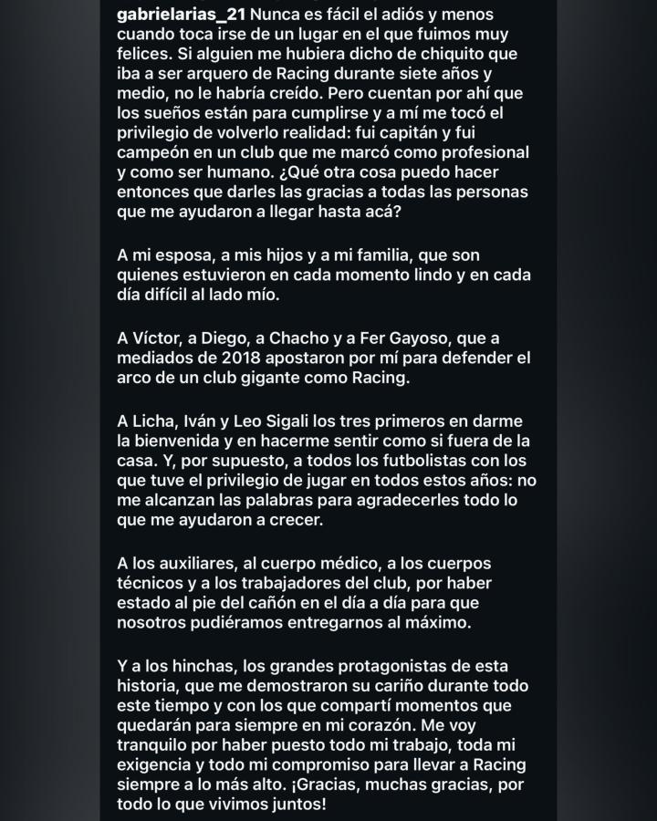 Imagen La sentida despedida de Gabriel Arias en instagram.
