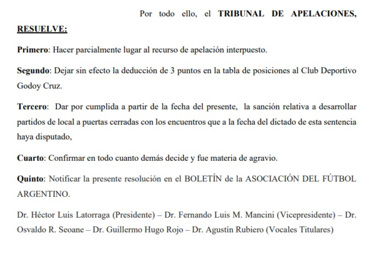 Imagen El Tribunal de Apelaciones de AFA le levantó las sanciones a Godoy Cruz.
