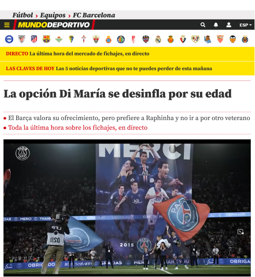 Imagen Barcelona desistiría por contratar a Di María, según Mundo Deportivo.