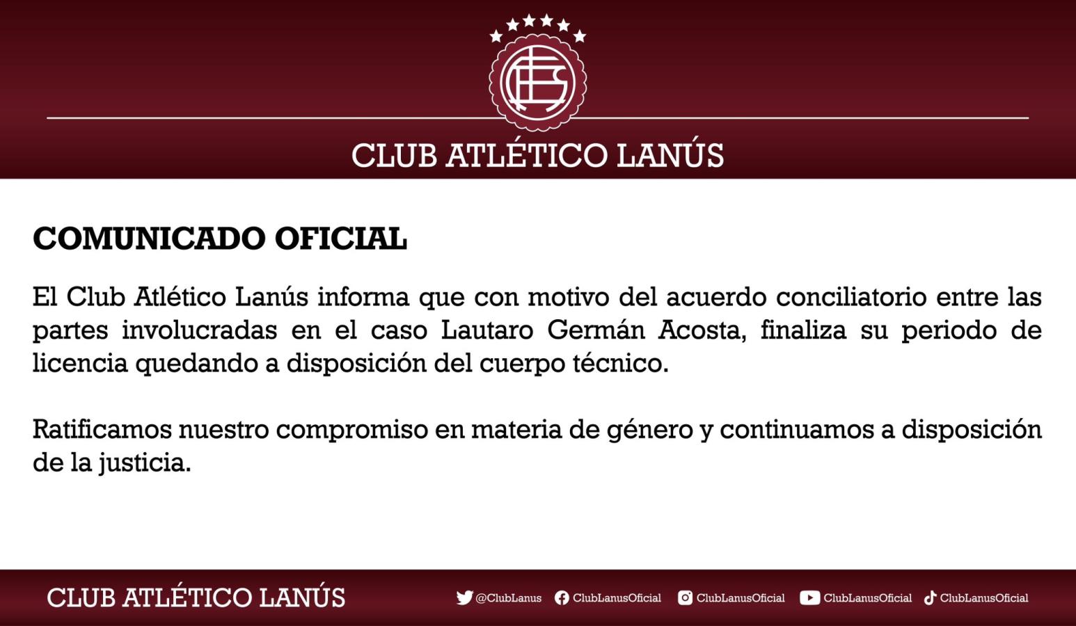 Imagen El comunicado de Lanús sobre Lautaro Acosta.