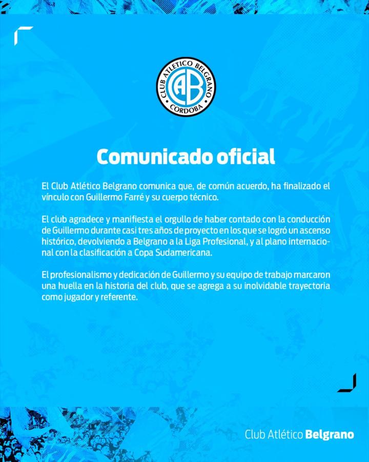 Imagen El comunicado oficial de Belgrano sobre la salida de Farré.