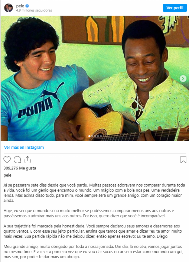 Imagen Pelé, se expresó en Instagram a una semana del fallecimiento de Maradona