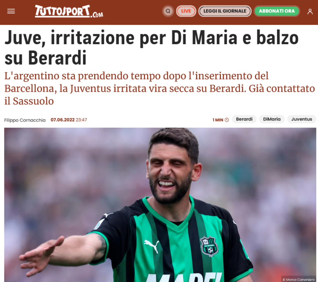 Imagen Tuttosport refleja el "enojo" de Juventus con Di María.