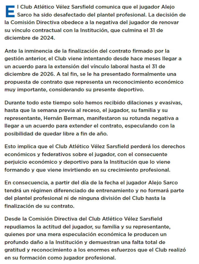 Imagen La comunicación de Vélez cuando decidió apartar del plantel a Sarco.