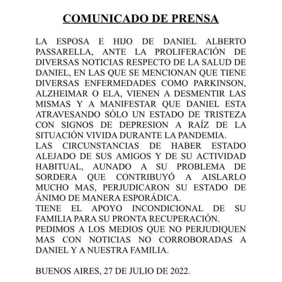 Imagen El comunicado de la familia Passarella