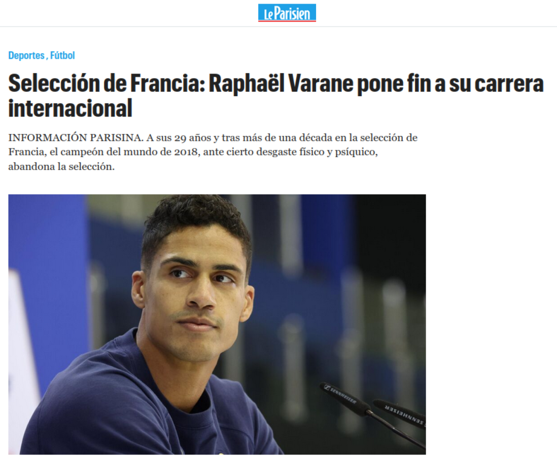 Imagen Varane le pone fin a su carrera como internacional francés.