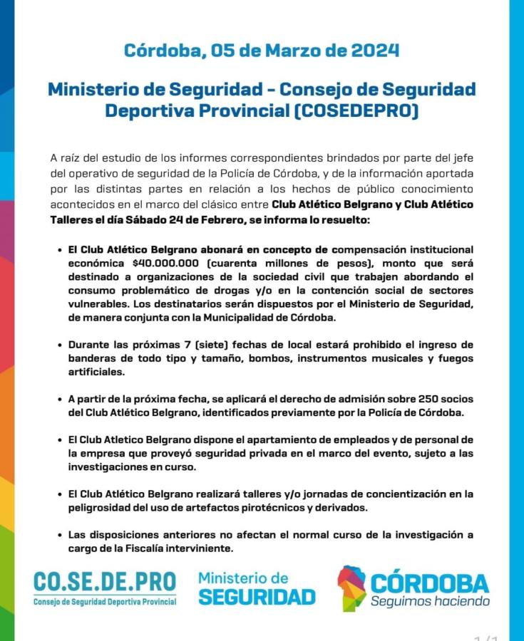 Imagen La dura sanción del Ministerio de Seguridad de Córdoba a Belgrano.