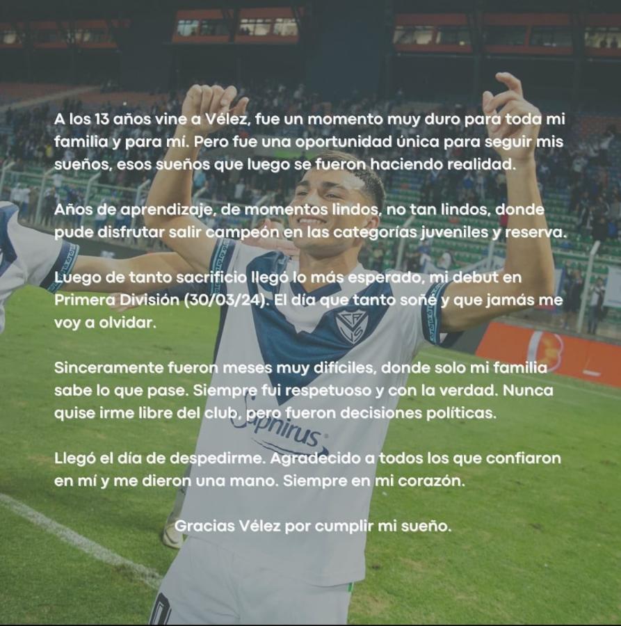 Imagen El mensaje de Sarco cuando dejó Vélez a fines de 2024.