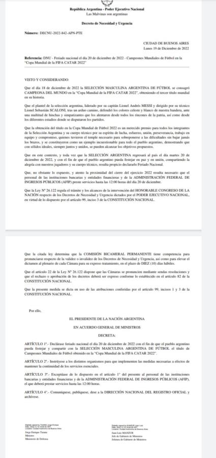 Imagen El DNU con el feriado nacional