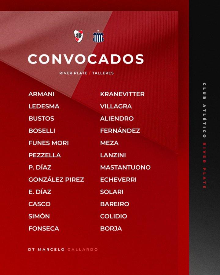 Imagen Los convocados de Marcelo Gallardo para la revancha con Talleres.
