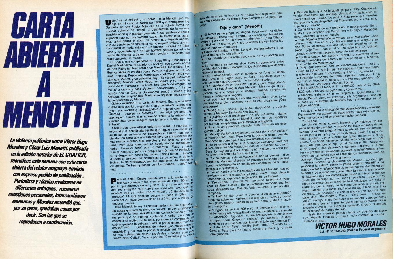 Imagen Victor Hugo Morales: "Carta Abierta a Menotti", 5 de febrero de 1985. 