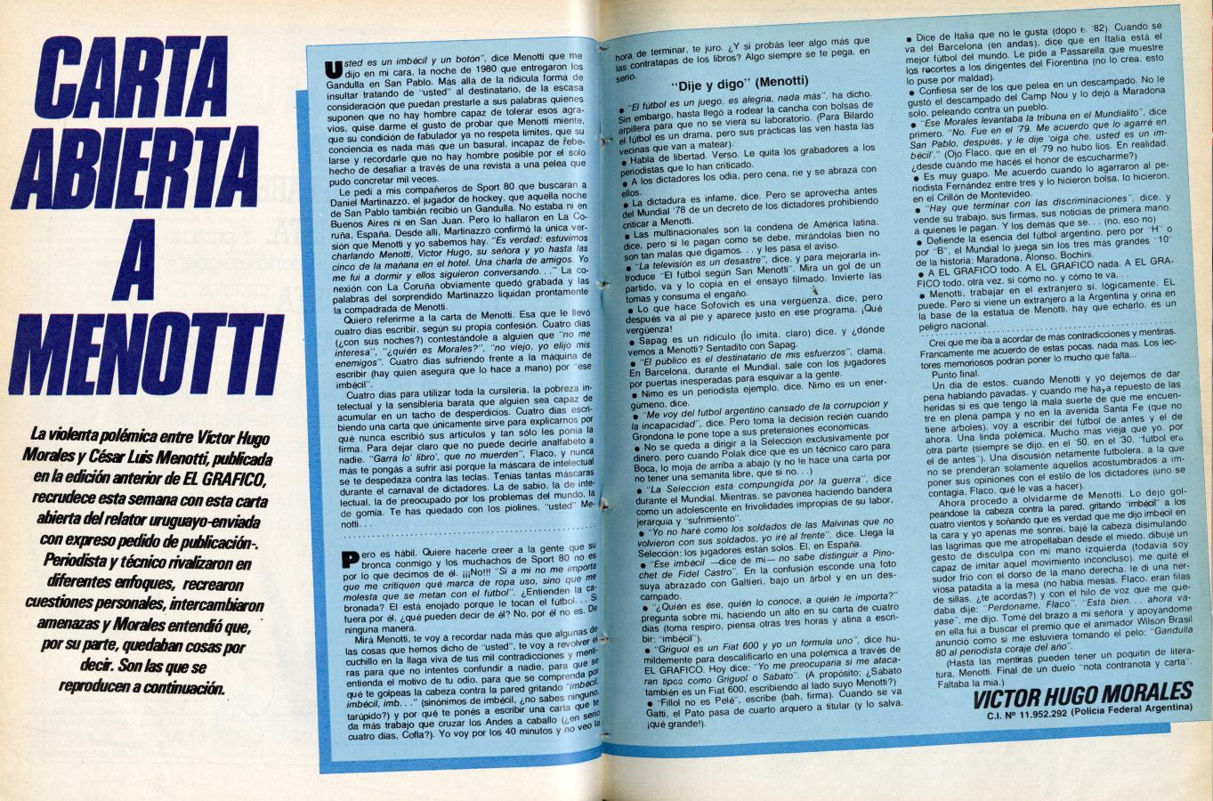 Imagen Victor Hugo Morales: "Carta Abierta a Menotti", 5 de febrero de 1985.