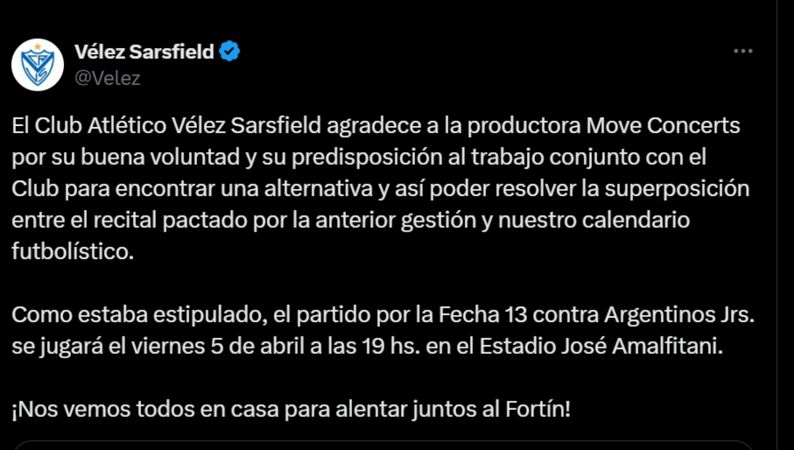 Imagen El comunicado difundido por Vélez este domingo.