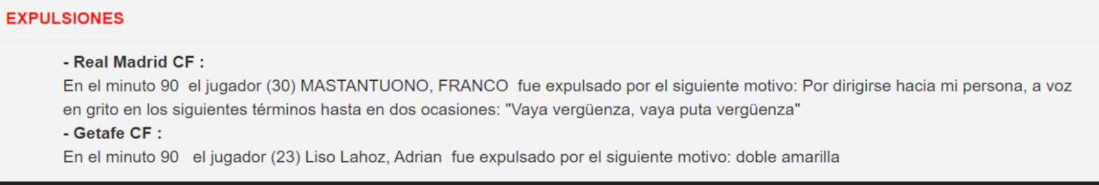 Imagen El acta de la expulsión de Franco Mastantuono