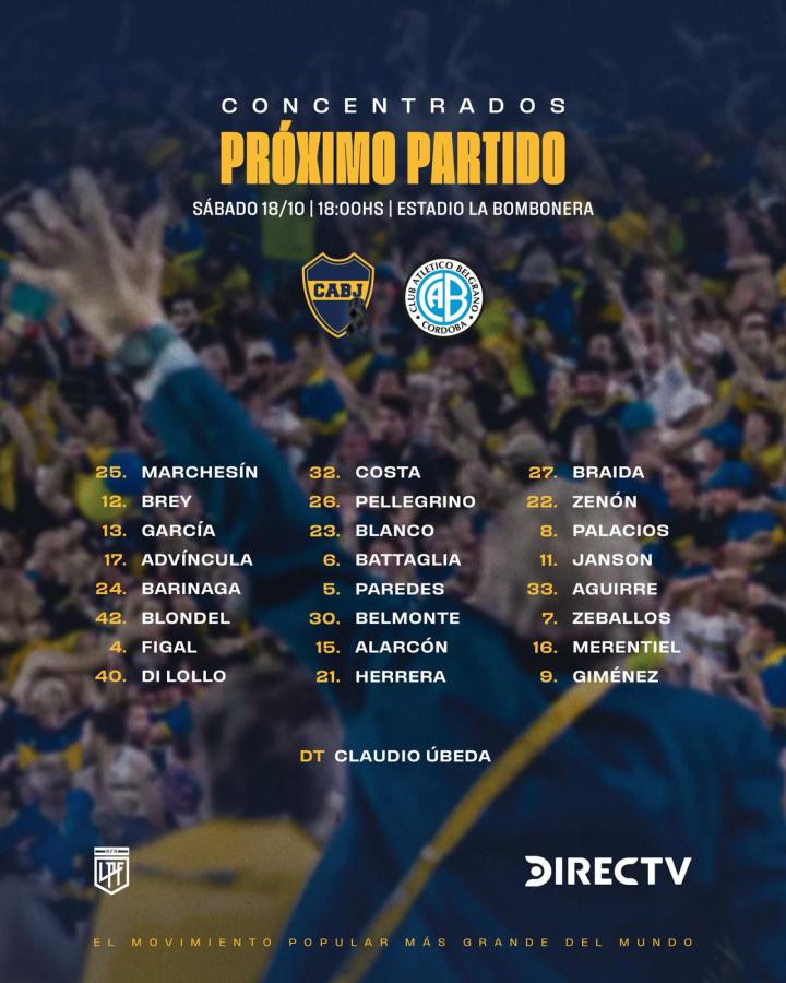 Imagen Los convocados de Boca para recibir a Belgrano.