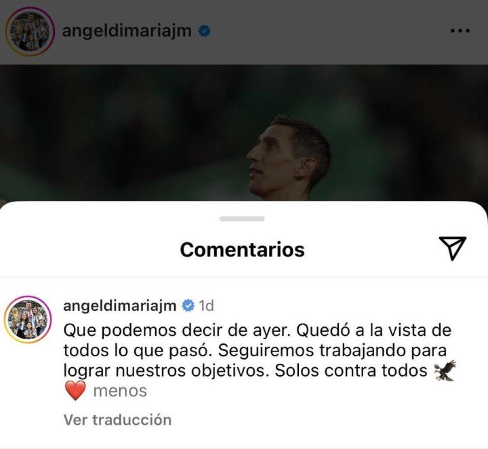 Imagen El posteo de Ángel Di María que le costará una sanción.