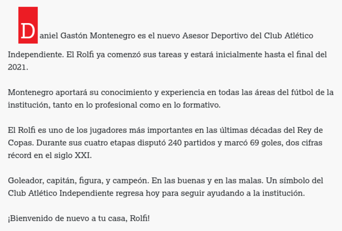 Imagen El comunicado de Independiente que confirma la llegada de Montenegro
