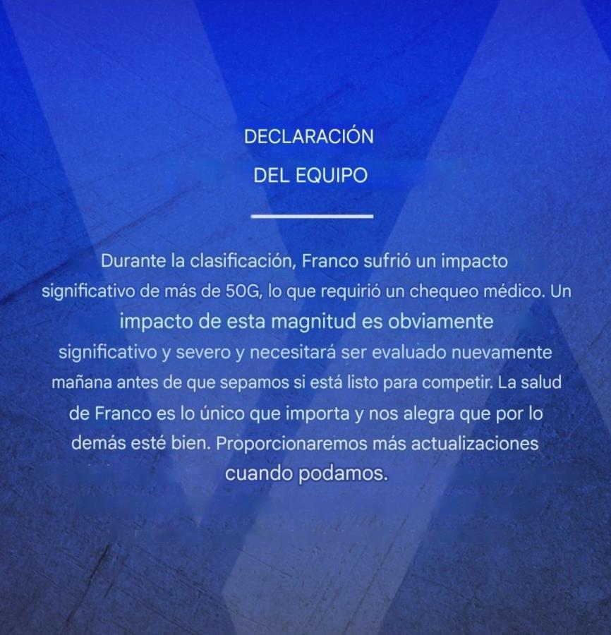 Imagen El comunicado de Williams sobre el accidente y la salud de Franco.