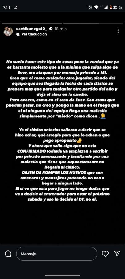 Imagen El descargo público del hijo de Ever Banega.