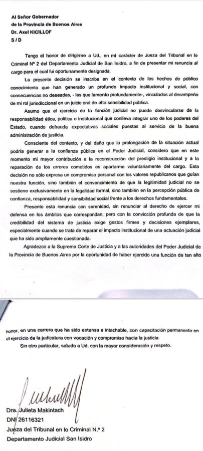 Imagen La carta de renuncia de la jueza Makintach.
