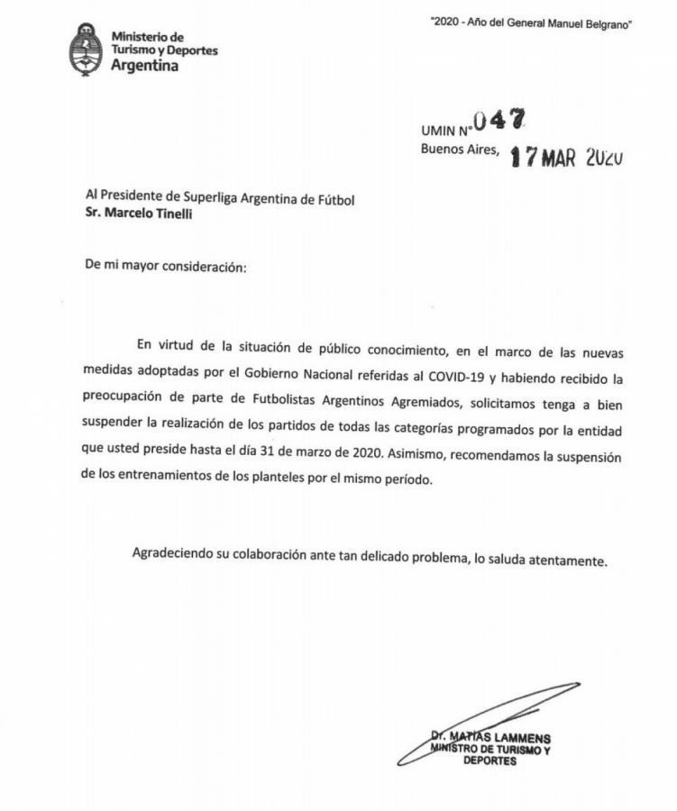 Imagen La carta de Matías Lammens a Marcelo Tinelli.