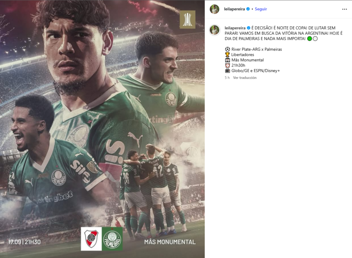 Imagen El posteo de la presidenta de Palmeiras en la previa del duelo con River.