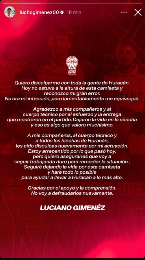 Imagen Giménez pidió disculpas por su accionar ante San Lorenzo