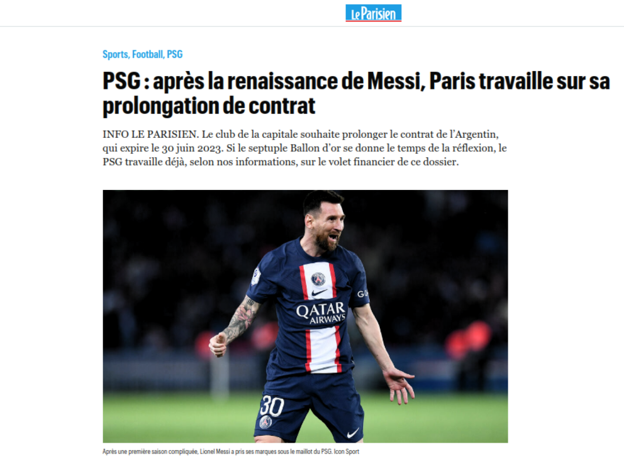 Imagen "Tras el renacimiento de Messi, el París trabaja en su ampliación de contrato", titula Le Parisien.