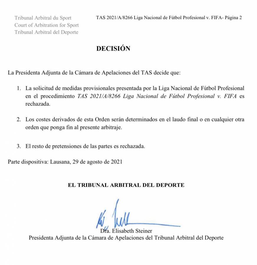 Imagen Comunicado del TAS rechazando el pedido de La Liga