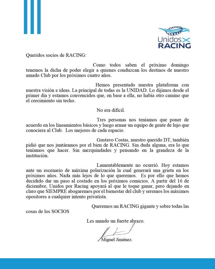 Imagen El comunicado oficial de Miguel Jiménez.