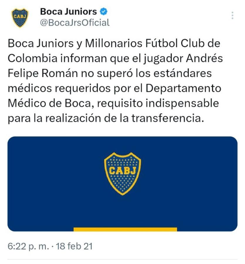 Imagen La notificación de Boca acerca de Román.