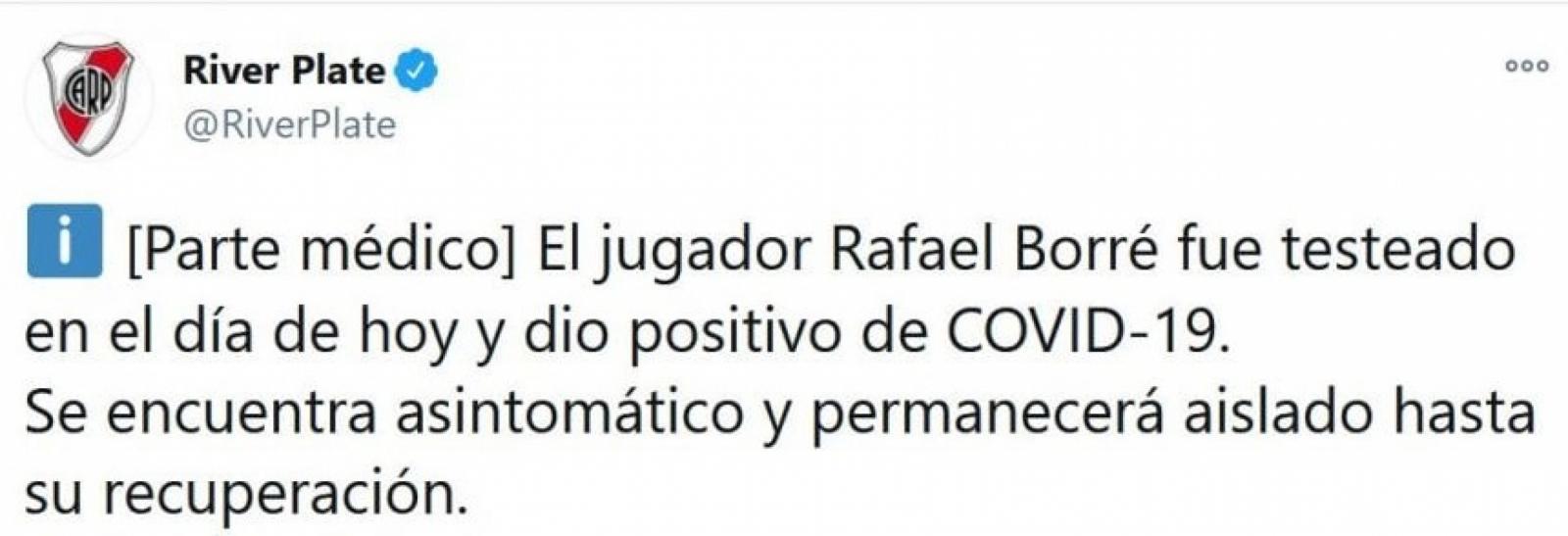 Imagen La cuenta de twitter de River informó la baja de Santos Borré.