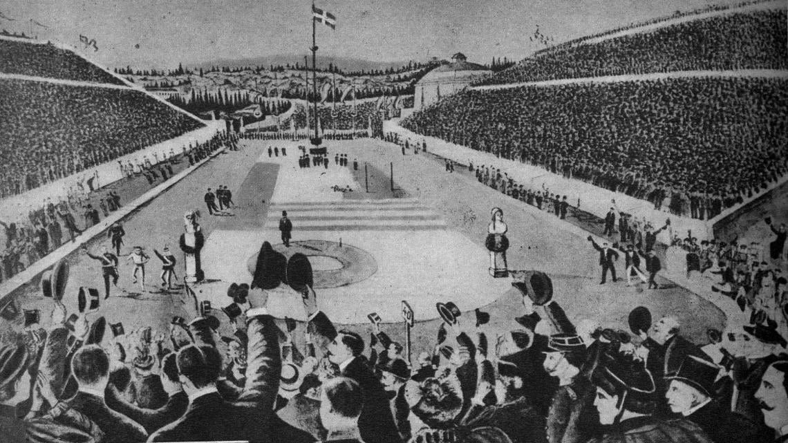Imagen Tiene inestimable valor histórico para el deporte esta reconstrucción del momento más emocionante de los primeros juegos olímpicos de la edad moderna, celebrados en Atenas el año 1896. La escena corresponde al instante en que llega a la meta el griego Spyrido Luis, vencedor de la carrera de maratón. El atleta que así nació a una fama imperdurable acaba de fallecer.