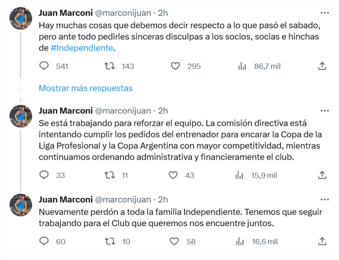 Imagen Las disculpas de Juan Marconi en su cuenta de twitter.