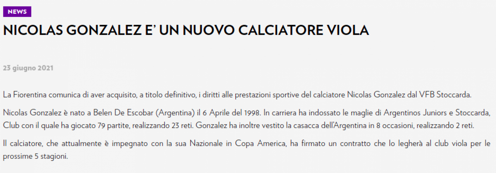 El comunicado de Fiorentina que confirma la llegada de González.