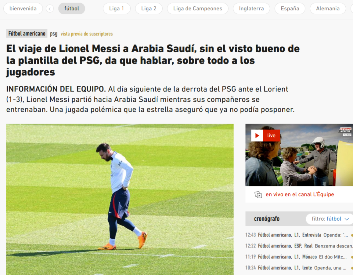 Imagen Lequipe remarca el enojo del plantel con Messi.