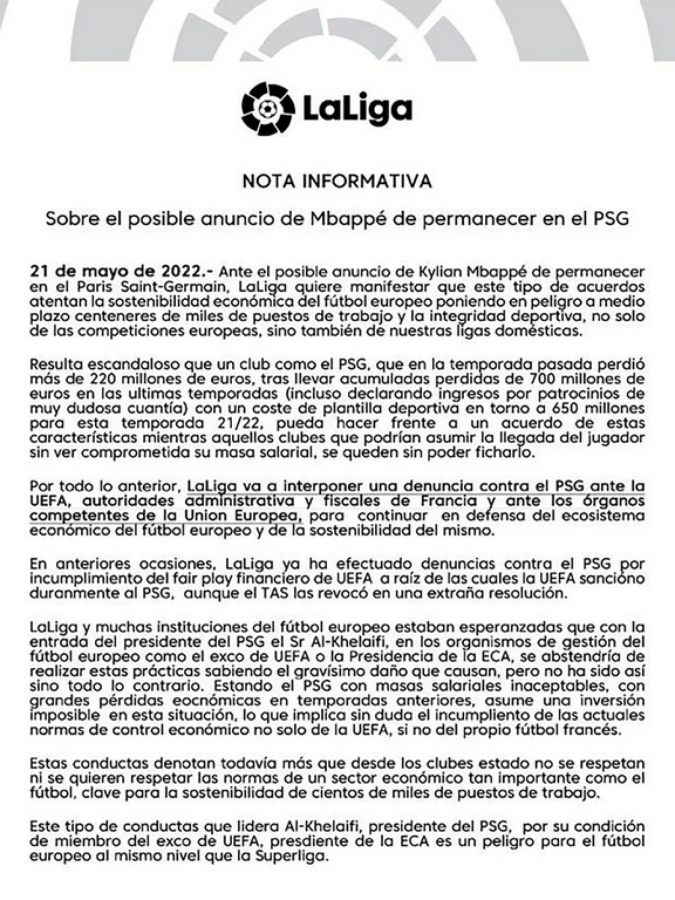Imagen El comunicado de La Liga Española.