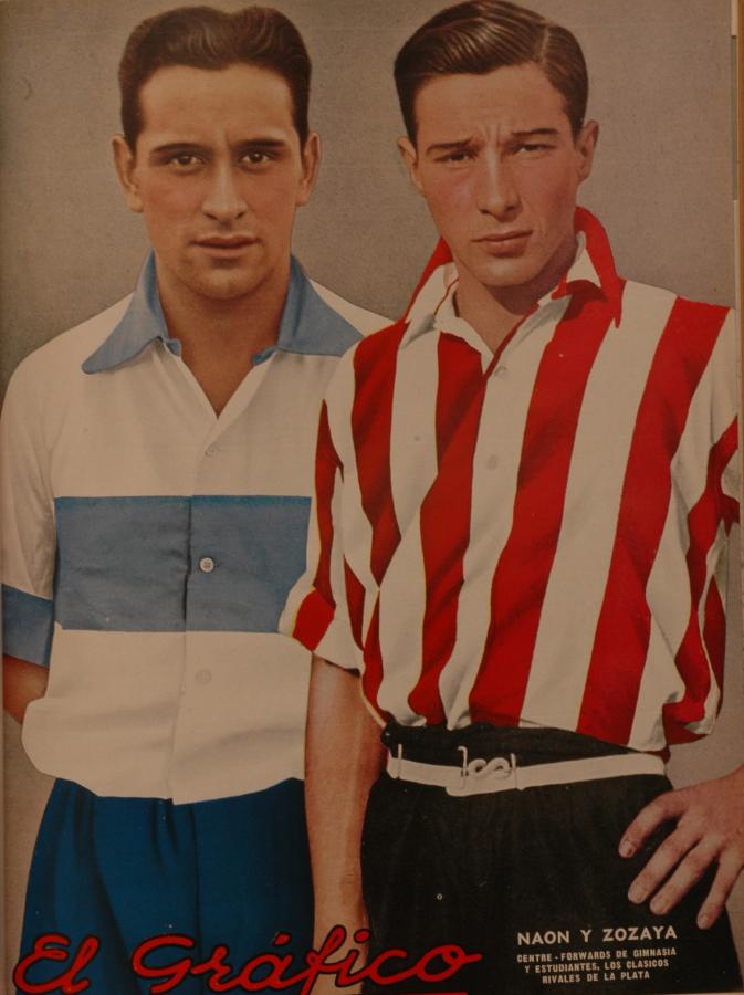 Imagen Tercer quinquenio de El Gráfico. Esta es la portada del 2 de junio de 1934. En ella dos orgullos del fútbol platense: Naón y Zozaya. 