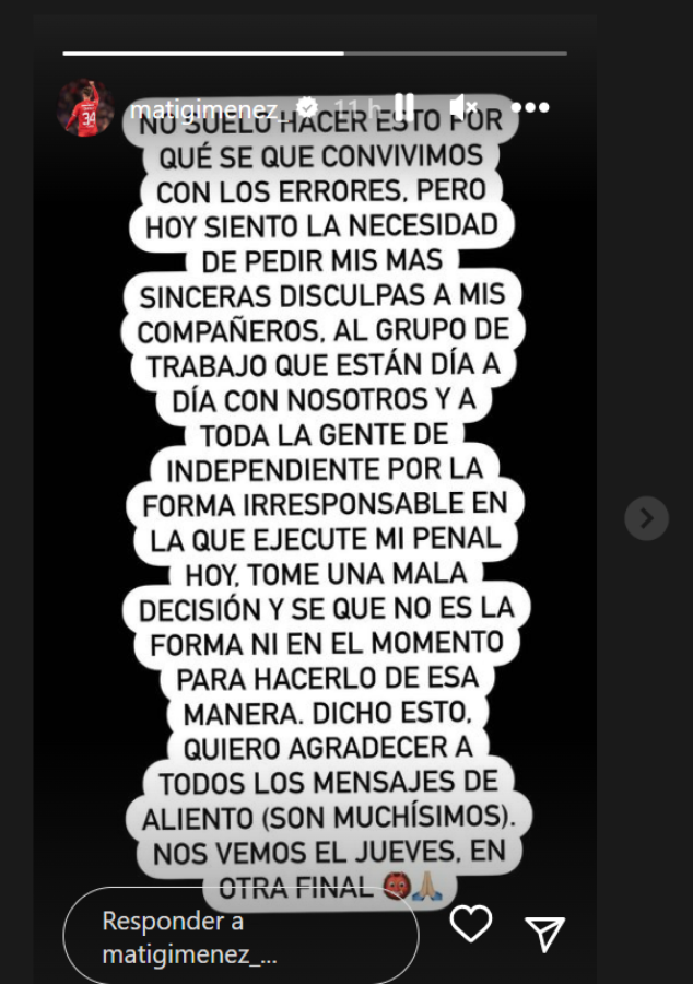 Imagen El pedido de disculpas de Matías Giménez por la forma en que pateó el penal.