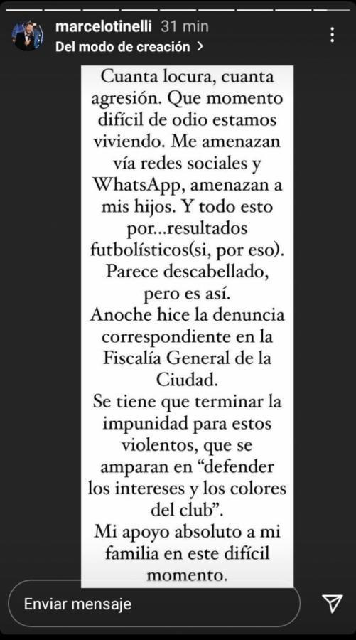 Imagen Tinelli denunció amenzas en su cuenta de Instagram