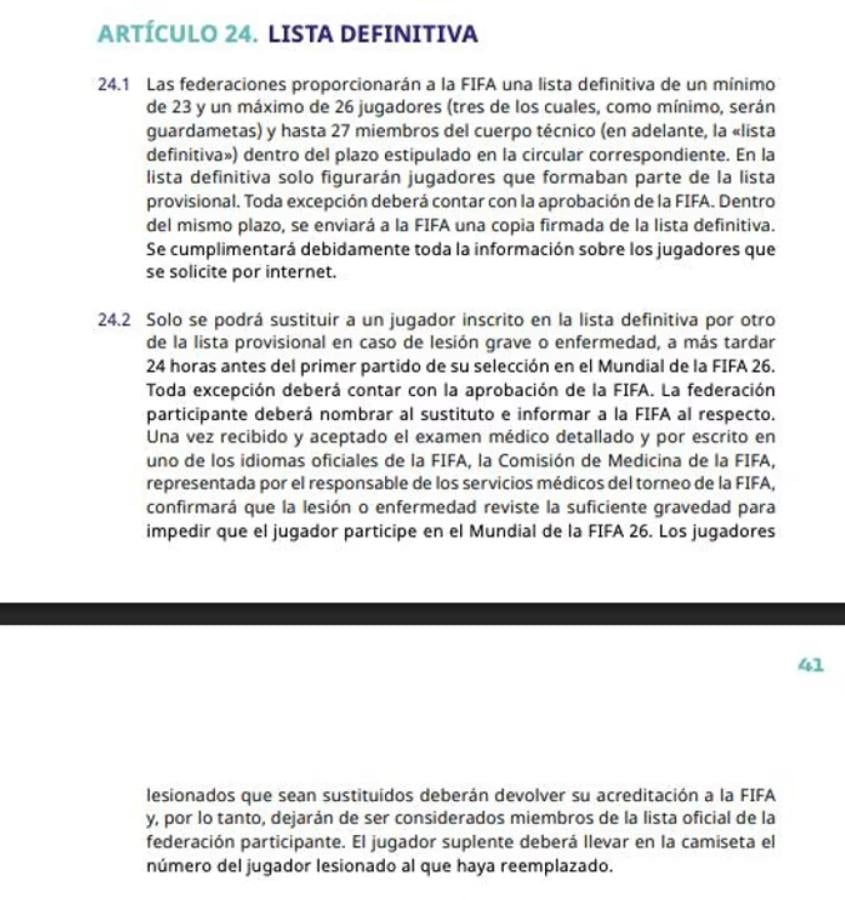 Imagen El artículo 24 del reglamento del Mundial de la FIFA.