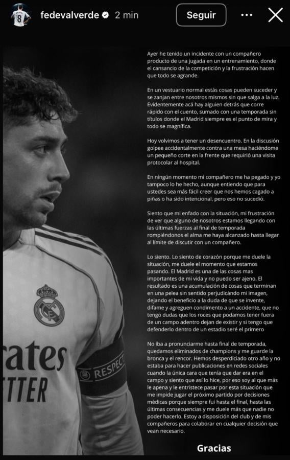 Imagen El posteo de Federico Valverde en sus redes sociales