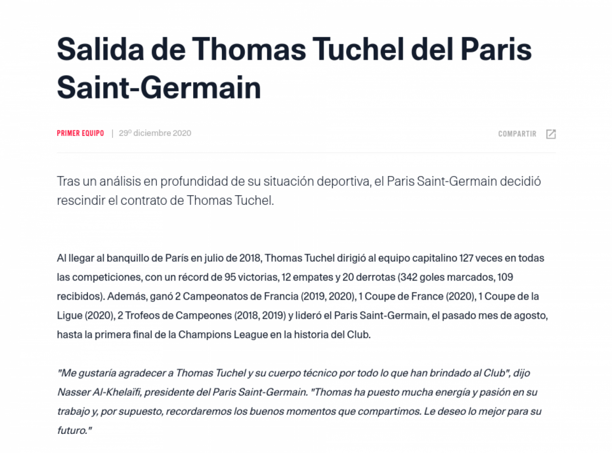 Imagen El comunicado de PSG anunciando el despido de Tuchel.